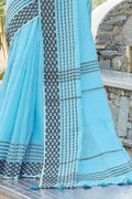 Sky Blue Linen Blend Saree blue linen saree
