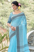 Sky Blue Linen Blend Saree linen saree images