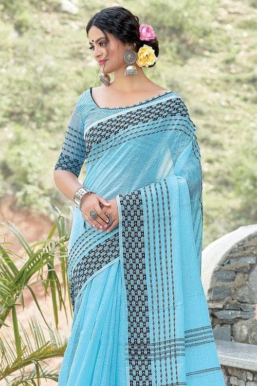 Sky Blue Linen Blend Saree linen saree images