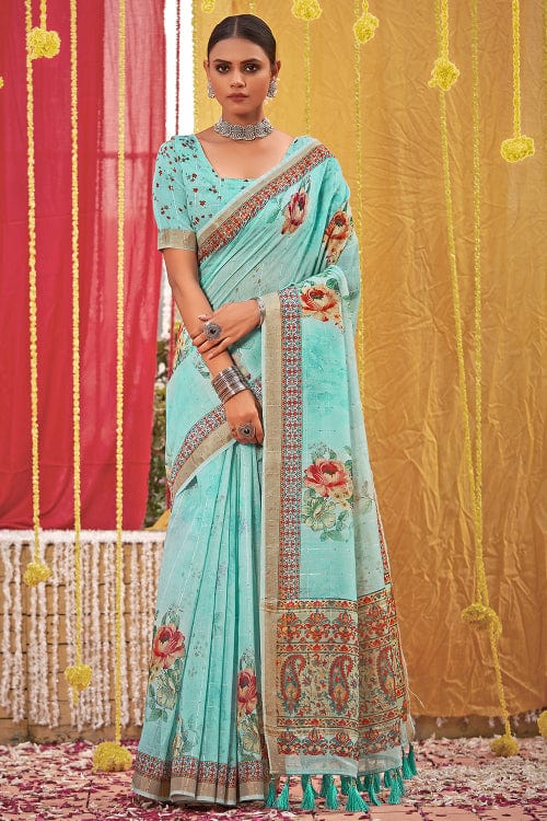 Sky Blue Linen Blend Saree blue linen saree