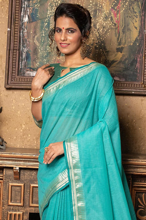 Sky Blue Plain Linen Blend Saree