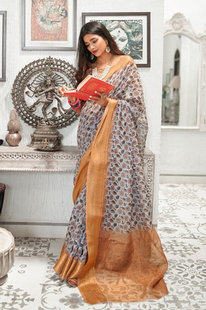 Linen Saree Smokey Grey Digital Printed Linen Saree saree online
