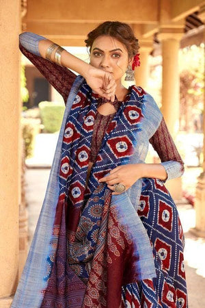 Space Blue Printed Linen Blend Saree