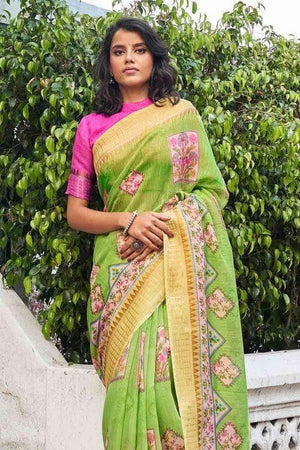 Spring Green Linen Blend Saree