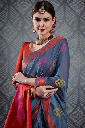 Steel Blue Linen Blend Saree