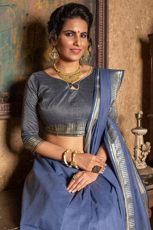 Steel Blue Plain Linen Blend Saree