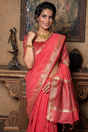 Strawberry Pink Plain Linen Blend Saree