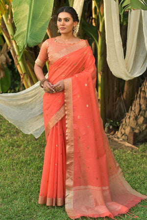 Sunset Orange Linen Blend Saree