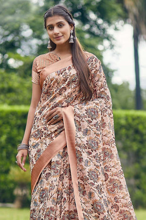 Tan Beige Linen Blend Saree