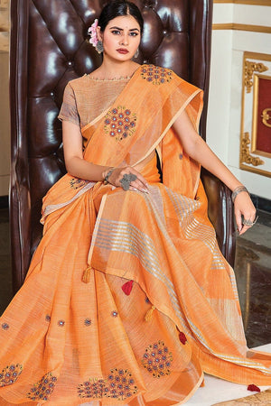 Tangerine Orange Linen Blend Saree