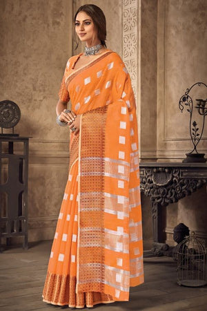 Tangerine Orange Linen Blend Saree