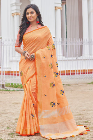 Tangerine Orange Linen Blend Saree