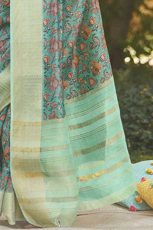 Linen Saree Teal Blue Digital Printed Linen Saree saree online