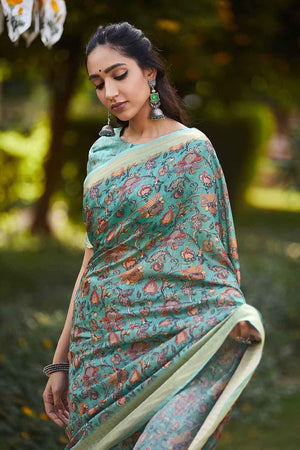 Linen Saree Teal Blue Digital Printed Linen Saree saree online