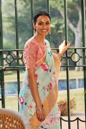 Tiffany Blue Linen Blend Saree