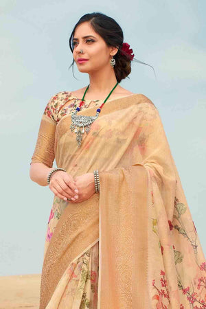 Vanilla Yellow Digital Printed Linen Blend Saree