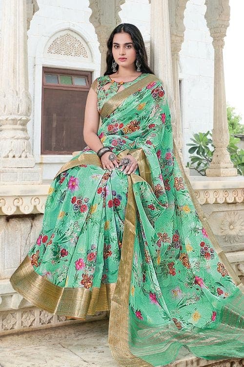 Vibrant Mint Green Linen Blend Saree Linen Saree Vibrant Mint Green Linen Saree saree online