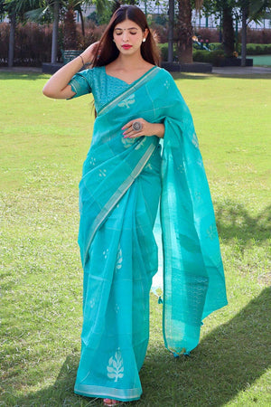 Vivid Blue Linen Blend Saree