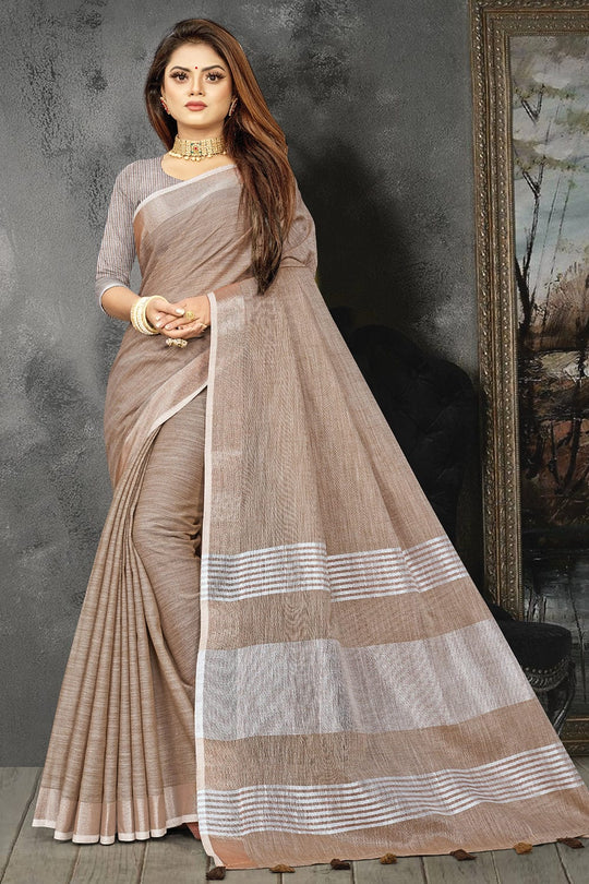 Warm Tan Beige Linen Blend Saree brown linen saree