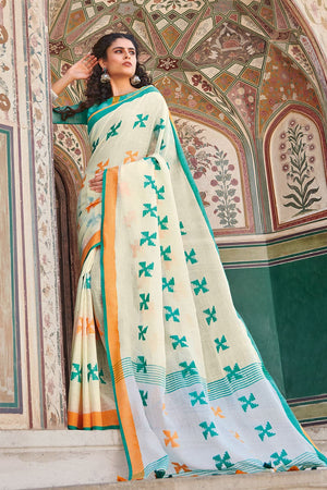 White Linen Blend Saree