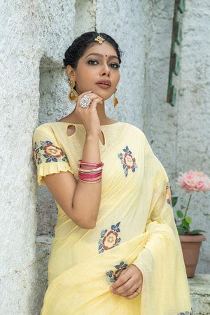 Yellow Linen Blend Saree