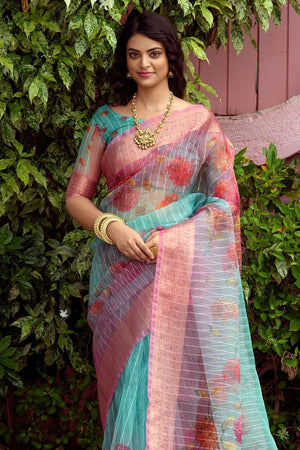 Cadet Blue Organza Saree