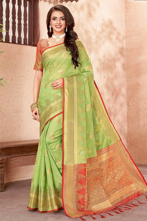 Chartreuse Green Organza Saree