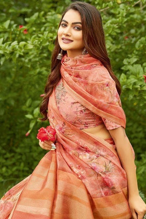 Coral Pink Organza Saree