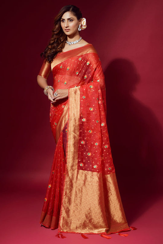 Crimson Red Organza Saree organza silk saree