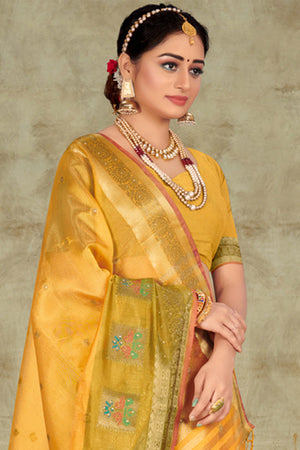 yellow organza saree
