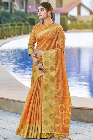 Flaxen Yellow Organza Saree
