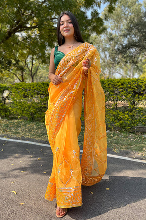 yellow organza saree