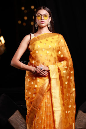 Mango Yellow Organza Silk Saree