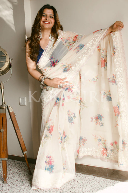 RADHIKA BHARADWAJ in Cream Organza Saree RADHIKA BHARADWAJ in Cream Organza Saree