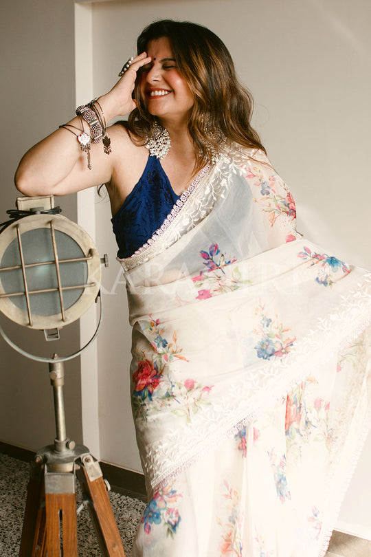 RADHIKA BHARADWAJ in Cream Organza Saree RADHIKA BHARADWAJ in Cream Organza Saree