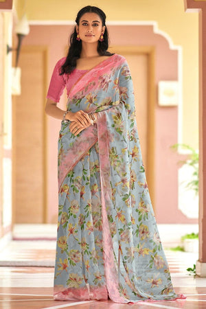 Steel Blue Organza Saree