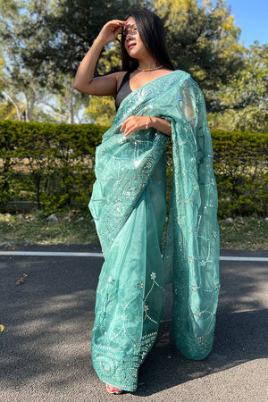 Teal Blue Organza Saree