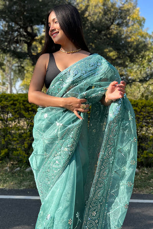 blue organza saree