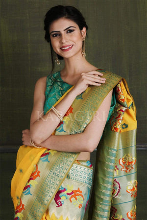 Honey Yellow Paithani Ikat Saree