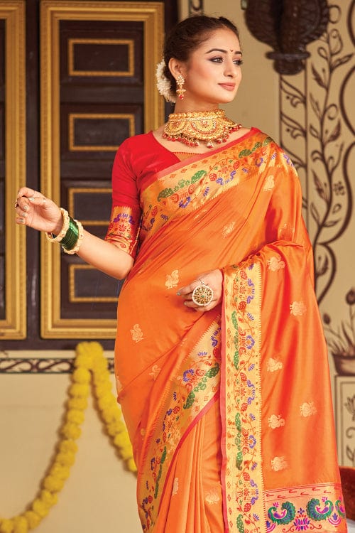 Apricot Orange Paithani Saree paithani silk saree