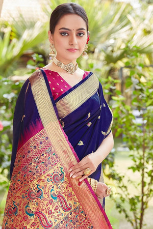 Berry Blue Heavy Border Pallu Paithani Saree