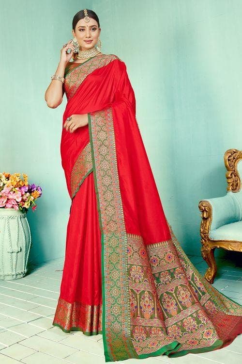 Carmine Red Paithani Fusion Saree Carmine Red Paithani Fusion Saree