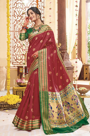 Cherry Red Woven Paithani Saree
