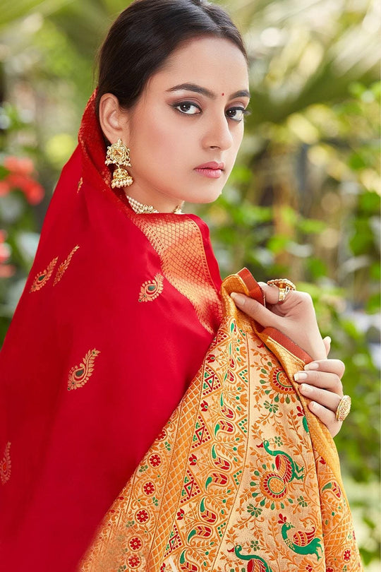 Crimson Red Heavy Border Pallu Paithani Saree Paithani Saree Crimson Red Heavy Border Pallu Paithani Saree saree online
