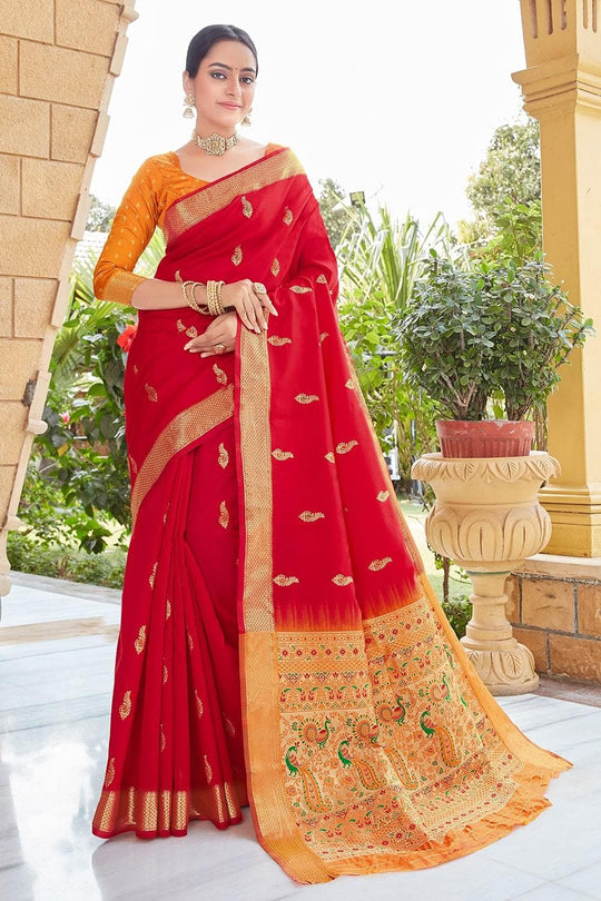 Crimson Red Heavy Border Pallu Paithani Saree Paithani Saree Crimson Red Heavy Border Pallu Paithani Saree saree online