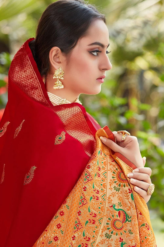 Crimson Red Heavy Border Pallu Paithani Saree Paithani Saree Crimson Red Heavy Border Pallu Paithani Saree saree online