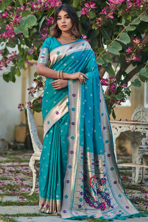 Cyan Blue Paithani Saree
