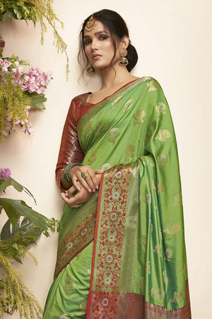 Pear Green Flower Butta Paithani Saree