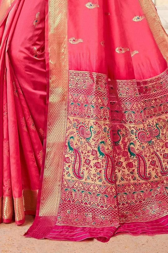 Punch Pink Heavy Border Pallu Paithani Saree silk fabric