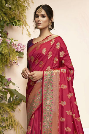 Raspberry Red Flower Butta Paithani Saree